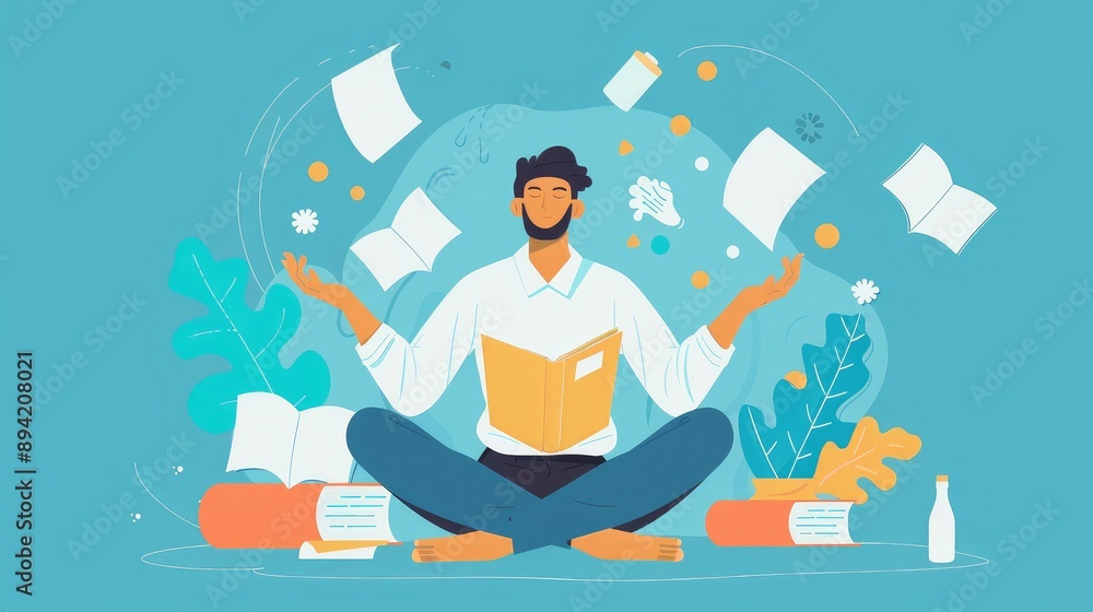 Relaxed Man Meditating While Reading Surrounded by Books Relaxed Man Meditating While Reading Surrounded by Books