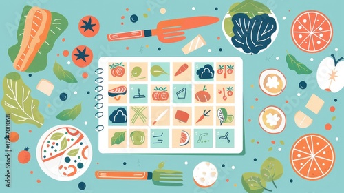 Colorful Healthy Eating Planner with Fresh Vegetables and Fruits