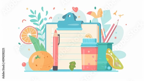 Vibrant Office Desk Essentials with Fruits and Stationery
