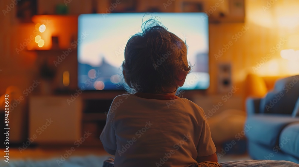 Back view of a little boy sitting in front of tv. Rear view of child watching television in living room. Child watching television in living room. Films or movies for kids. Back view of a little boy sitting in front of tv. Rear view of child watching television in living room. Child watching television in living room. Films or movies for kids.