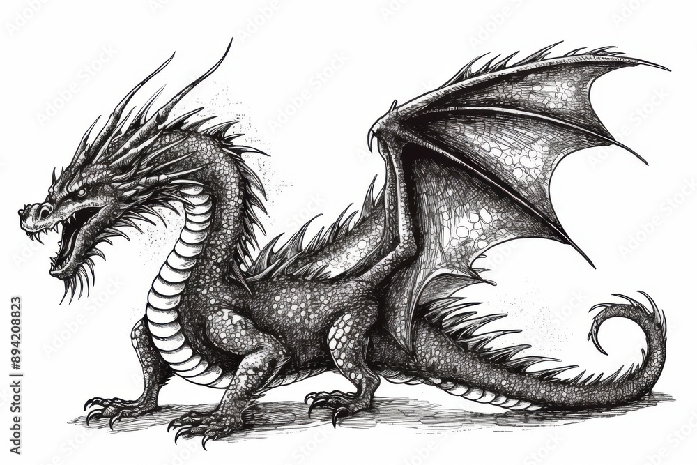 Naklejka premium Black and white Vintage engraved art of a dragon isolated on white background, ink sketch illustration, simple vector art design, highly detailed line art, high contrasty