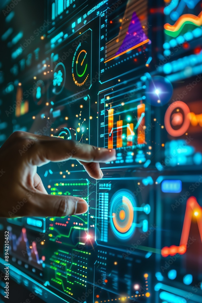 Finger touching virtual icons for cyber investment and analytics Finger touching virtual icons for cyber investment and analytics