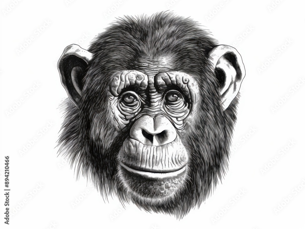 Fototapeta premium Black and white Vintage engraved art of a chimpanzee isolated on white background, ink sketch illustration, simple vector art design, highly detailed line art, high contras