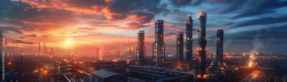 Fototapeta premium Industrial complex with lit towers at sunset