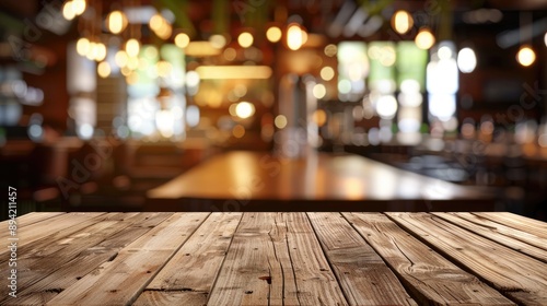 Empty wooden table with blurred restaurant background