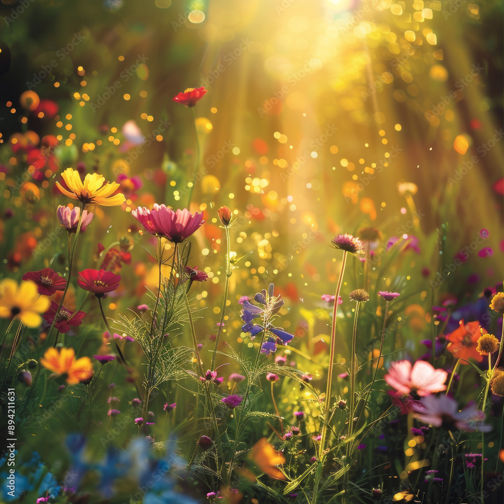 A vibrant field of flowers bathed in sunlight, with soft, dreamy lights illuminating the scene. This enchanting banner offers personal message, it an ideal greeting card for summer celebrations. A vibrant field of flowers bathed in sunlight, with soft, dreamy lights illuminating the scene. This enchanting banner offers personal message, it an ideal greeting card for summer celebrations.