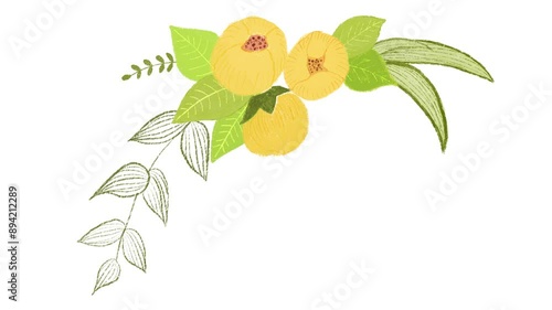 ゆるい手描きイラストのフローラルな飾り罫デコレーション　アニメーション　背景透過MOV