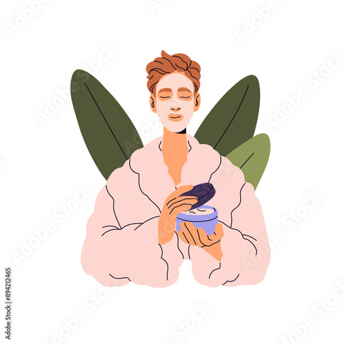 Happy girl in bathrobe with moisturizer mask on face. Young woman cares about skin with cream. Skincare product, organic cosmetics. Daily beauty routine. Flat isolated vector illustration on white