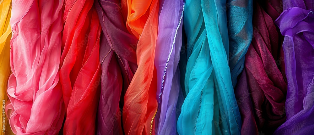 Rows of colorful sheer scarves in various vibrant shades Rows of colorful sheer scarves in various vibrant shades