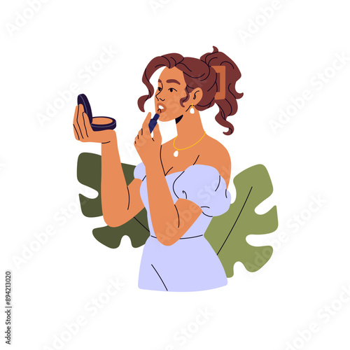 Young woman does visage, fixes makeup with decorative cosmetics, beauty products. Girl does make up, applies lipstick on mouth, lips with mirror. Flat isolated vector illustration on white background