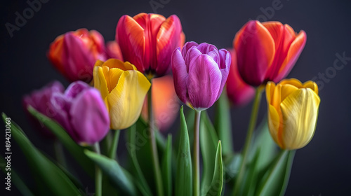 Vibrant bouquet of tulips is standing in a vase, showcasing a variety of colors