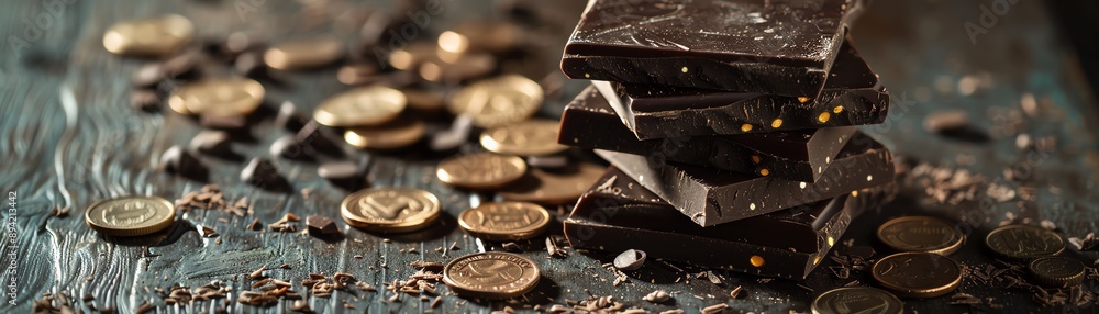 Stack of dark chocolate bars on a table with scattered coins, symbolizing the value and luxury of chocolate Stack of dark chocolate bars on a table with scattered coins, symbolizing the value and luxury of chocolate