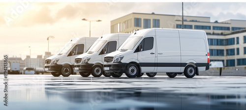 A fleet of shiny white delivery vans, complete with company logos, is lined up and ready for efficient and timely deliveries, parked in a storage lot on a sunny day. photo