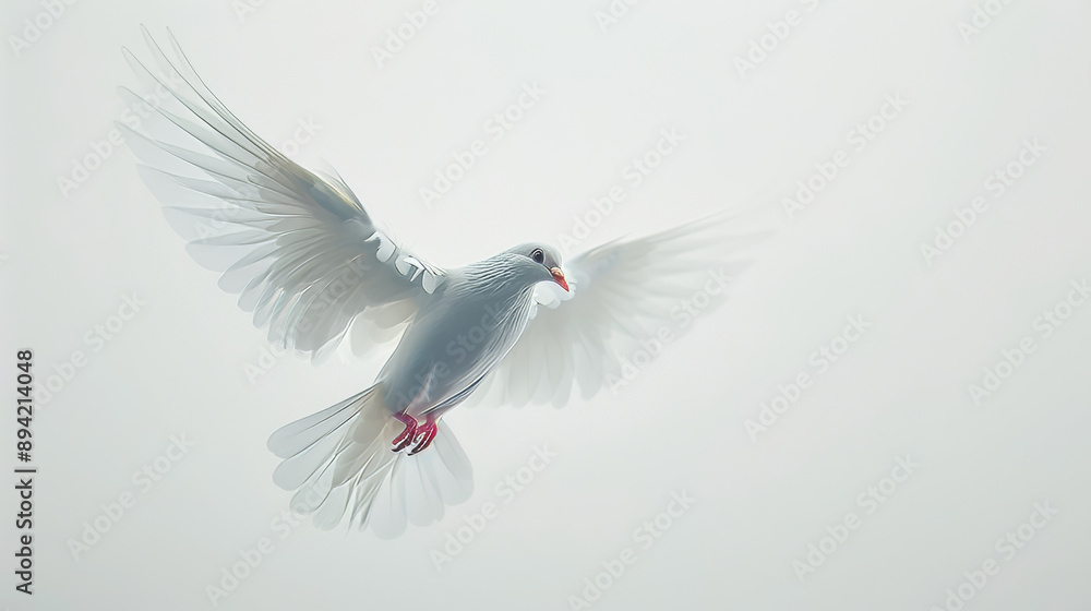 A white dove flies freely through the white space. A white dove flies freely through the white space.