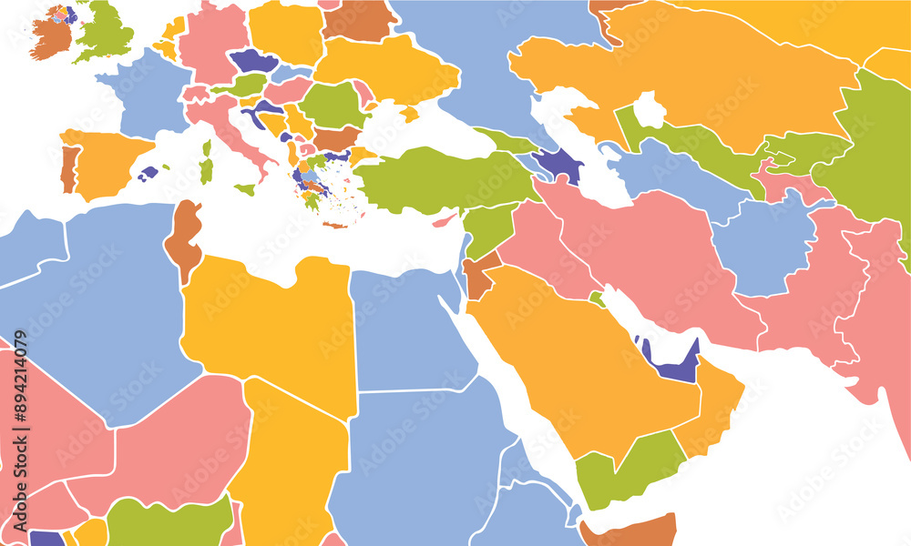 Naklejka premium Middle East map with individual colors,isolated on white background for website layouts,background,education, precise,customizable,Travel worldwide,map silhouette backdrop,earth geography, political.