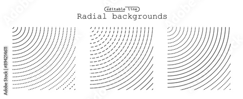 Sound wave irradiation or circular vibrations on the water surface. Set of circular oval dot striped backgrounds. Abstract radial oblique smooth dash lines pattern. Vector monochrome backdrops.