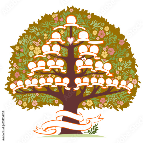 Family genealogic tree. Parents and grandparents, children.  Genealogy, pedigree.  Cartoon character. Family tree with portraits and place for text.  Family Tree template vector illustration
