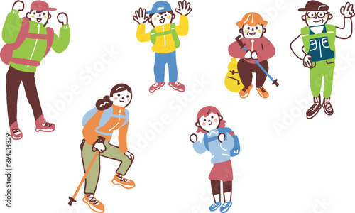 登山姿の老若男女　セットのストックイラスト素材　
