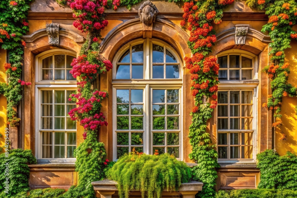 Vibrant summer foliage frames a stunning Baroque building through a rustic paned window in Potsdam, Brandenburg, Germany, evoking a sense of elegance and history. Vibrant summer foliage frames a stunning Baroque building through a rustic paned window in Potsdam, Brandenburg, Germany, evoking a sense of elegance and history.