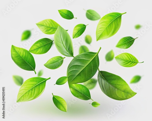 Vibrant green flying leaves isolated on a pure white background, perfect for showcasing fresh, natural, and eco-friendly products, with ample space for text overlay.