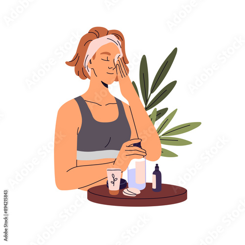 Happy girl removes makeup, visage from face. Young woman washing skin with skincare product. Person cares about beauty with organic cosmetics. Flat isolated vector illustration on white background