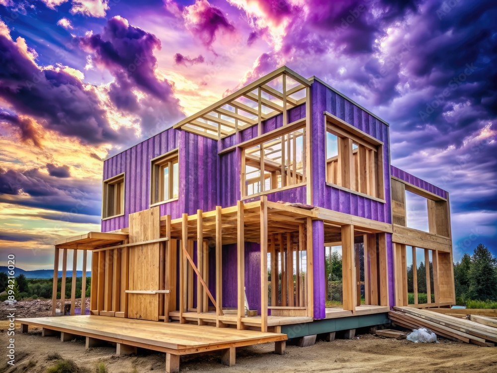 Modern home under construction with purple treated lumber framing stands amidst a cloudy blue sky, showcasing innovative building techniques and eco-friendly materials. Modern home under construction with purple treated lumber framing stands amidst a cloudy blue sky, showcasing innovative building techniques and eco-friendly materials.