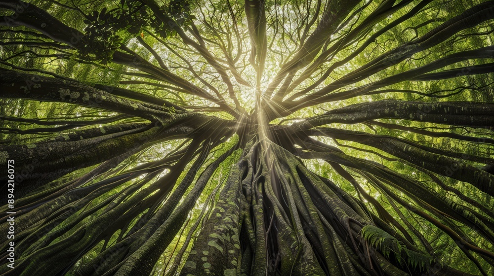 Lush Green Jungle Canopy with Entwined Vines from a Worm's Eye View Lush Green Jungle Canopy with Entwined Vines from a Worm's Eye View