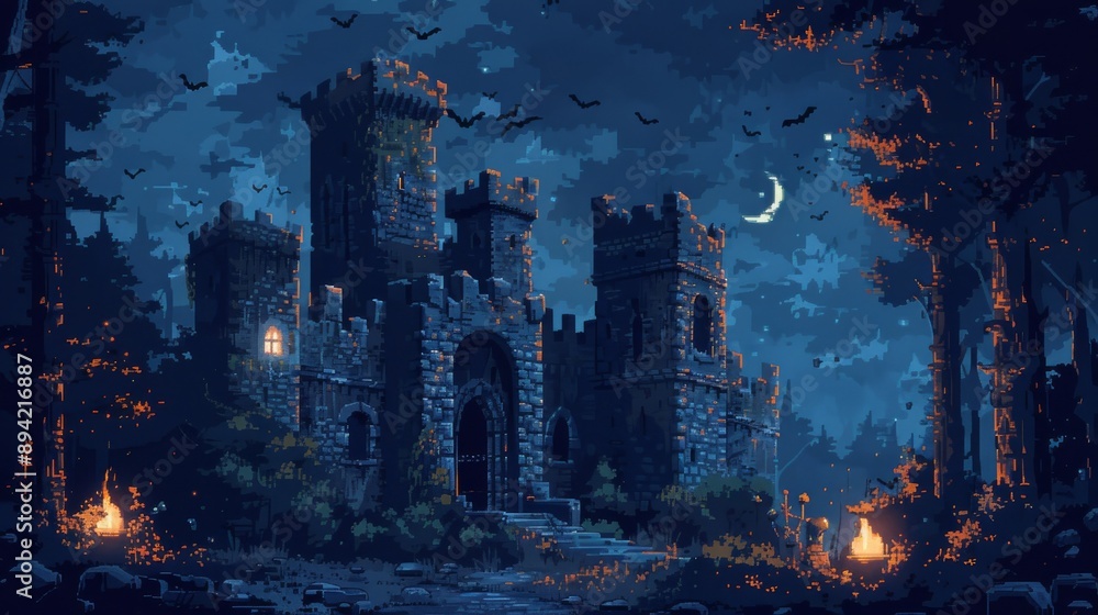 Pixel Art Eerie Castle Game Background with Moonlit Sky and Bats for Spooky Themed Designs Pixel Art Eerie Castle Game Background with Moonlit Sky and Bats for Spooky Themed Designs