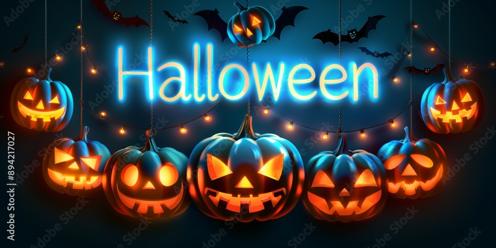 Lit pumpkins with carved faces hang from strings in front of a glowing Halloween sign Lit pumpkins with carved faces hang from strings in front of a glowing Halloween sign