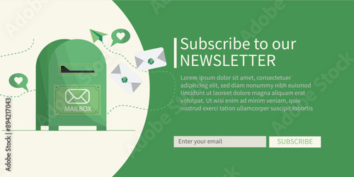 Illustration inviting users to subscribe to a newsletter, featuring a green mailbox and playful icons. Sustainability newsletter. ESG newsletter. Environmental news