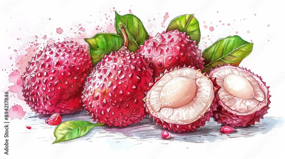 Clear and vibrant hand-drawn color pencil sketch of a fresh lychee and lychee slices, isolated on white with defined outlines for easy clipping in Photoshop Clear and vibrant hand-drawn color pencil sketch of a fresh lychee and lychee slices, isolated on white with defined outlines for easy clipping in Photoshop