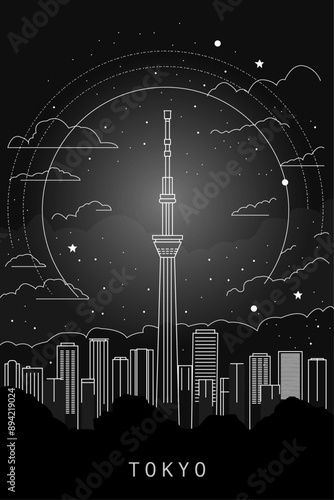 Photography Tokyo city poster with abstract skyline, horizon, landmark and attraction