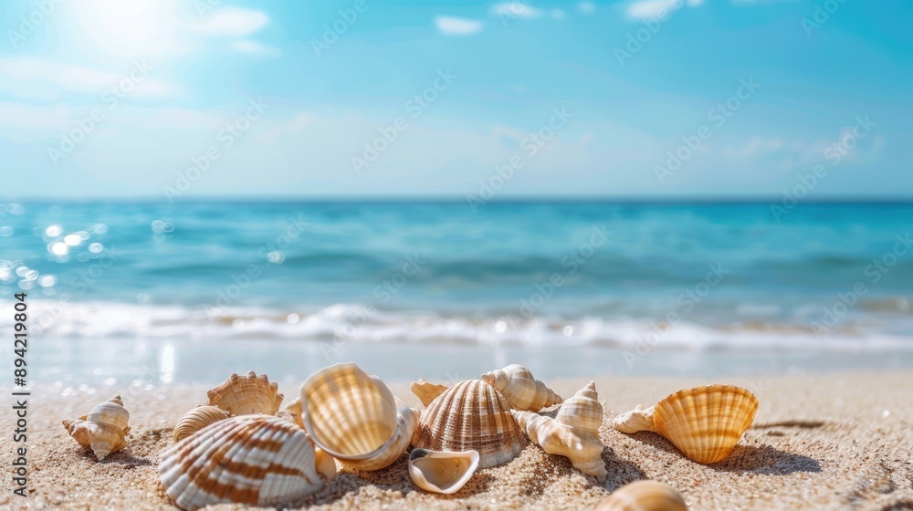 Close-up of seashells on a beach with waves washing over them, showcasing natural coastal beauty and serenity