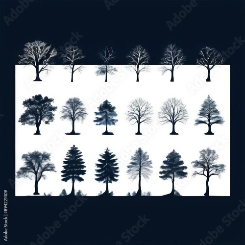 collection of minimalist tree silhouettes rendered on a transpar photo