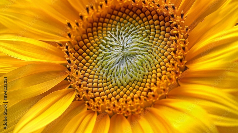 Detailed view of a blooming sunflower with intricate patterns in its center Detailed view of a blooming sunflower with intricate patterns in its center