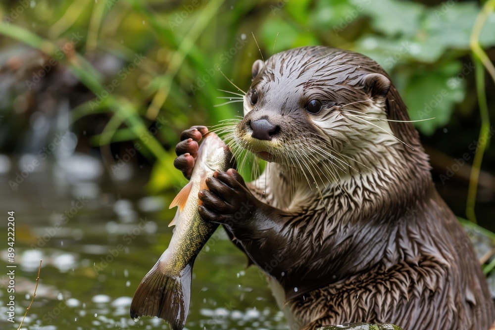 A close-up of a European otter holding a fish in its paws, sitting on a riverbank. A close-up of a European otter holding a fish in its paws, sitting on a riverbank.