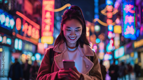 A young woman is using her smartphone while walking through a city street. The city is full of neon lights and the woman is smiling.