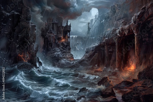 Dark Castle Ruins Overlooking Stormy Sea