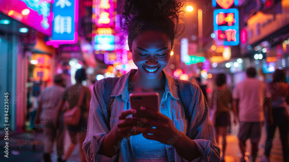 A young woman is using her smartphone while walking through a city street. The city is full of neon lights and the woman is smiling. A young woman is using her smartphone while walking through a city street. The city is full of neon lights and the woman is smiling.