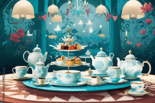 English afternoon tea set up style of mad tea