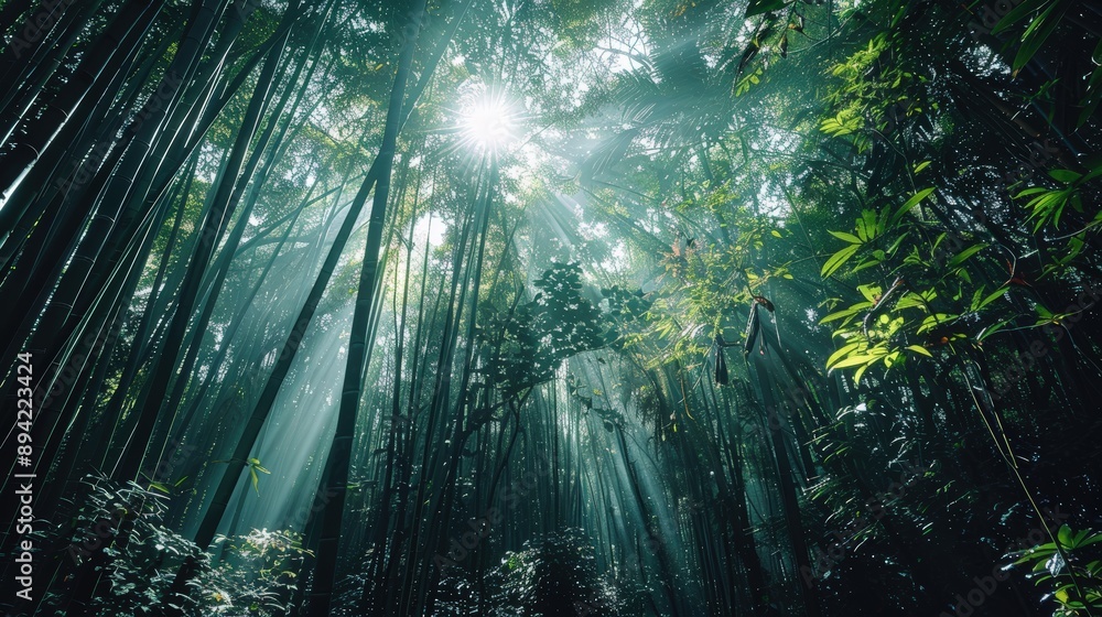 Enchanting Low Angle View of Lush Bamboo Forest - Serene Nature Hike Landscape Shot Enchanting Low Angle View of Lush Bamboo Forest - Serene Nature Hike Landscape Shot