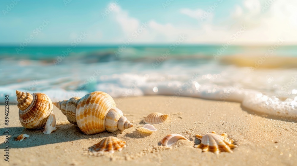 Close-up of seashells on a beach with waves washing over them, showcasing natural coastal beauty and serenity Close-up of seashells on a beach with waves washing over them, showcasing natural coastal beauty and serenity