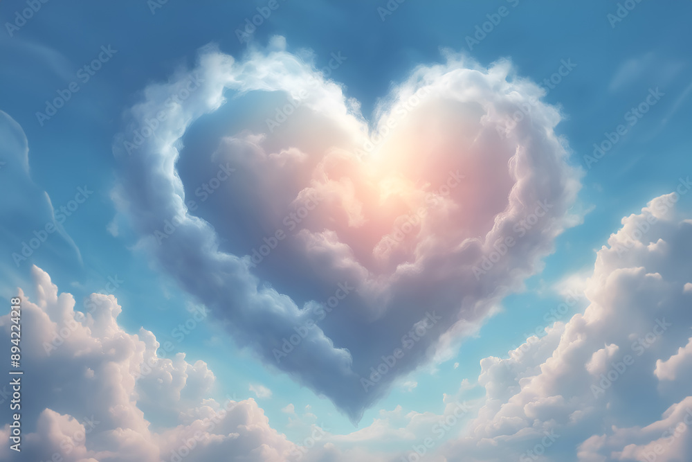 A Heart Shaped Cloud illuminated by Sunlight in the Blue Sky on a Bright and Joyful Day