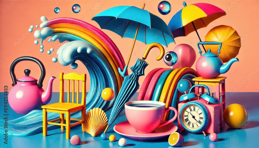 Abstract Still Life with Umbrellas, Teapots, and a Rainbow Wave. Abstract Still Life with Umbrellas, Teapots, and a Rainbow Wave.