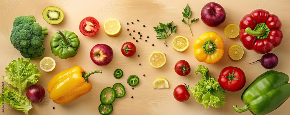 Fresh assorted vegetables and fruits on a wooden background. Healthy eating and organic food concept. High-quality stock photo. Fresh assorted vegetables and fruits on a wooden background. Healthy eating and organic food concept. High-quality stock photo.