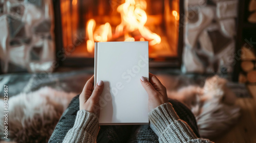 People hands holding a white book mock-up with copy space in front of a beautiful beach , read a book on the beach in summer concept image photo