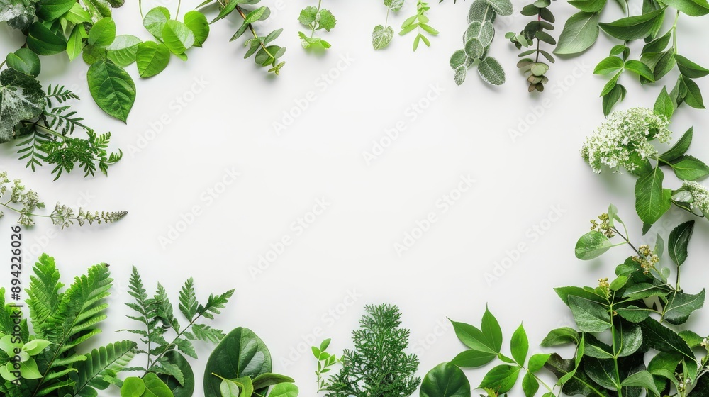 White background with leafy border. Flat lay. White background with leafy border. Flat lay.