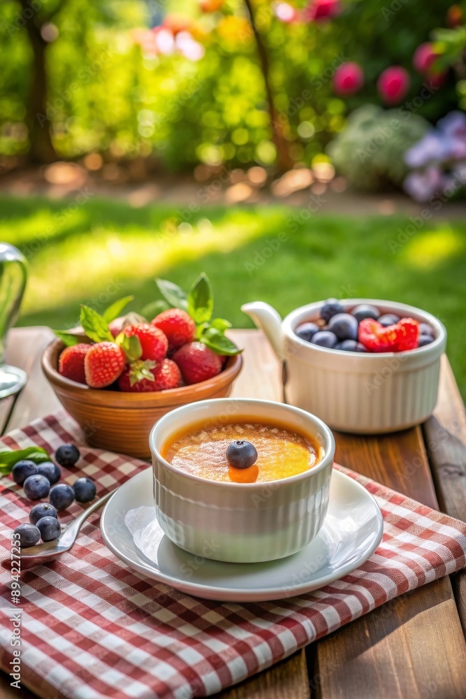 Crème brûlée decorada con frutas frescas y acompañada de una taza de café, en un entorno de jardín. Cocina francesa. Crème brûlée decorada con frutas frescas y acompañada de una taza de café, en un entorno de jardín. Cocina francesa.