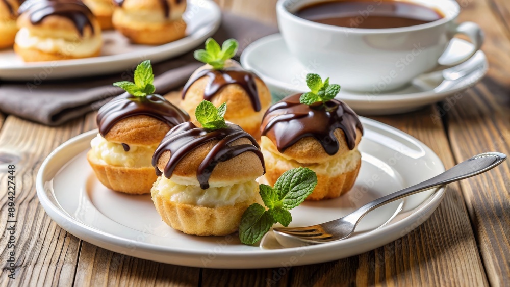 Plato de profiteroles con chocolate, acompañado de una taza de café y decorado con hojas de menta, sobre una mesa de madera. Cocina francesa. Plato de profiteroles con chocolate, acompañado de una taza de café y decorado con hojas de menta, sobre una mesa de madera. Cocina francesa.