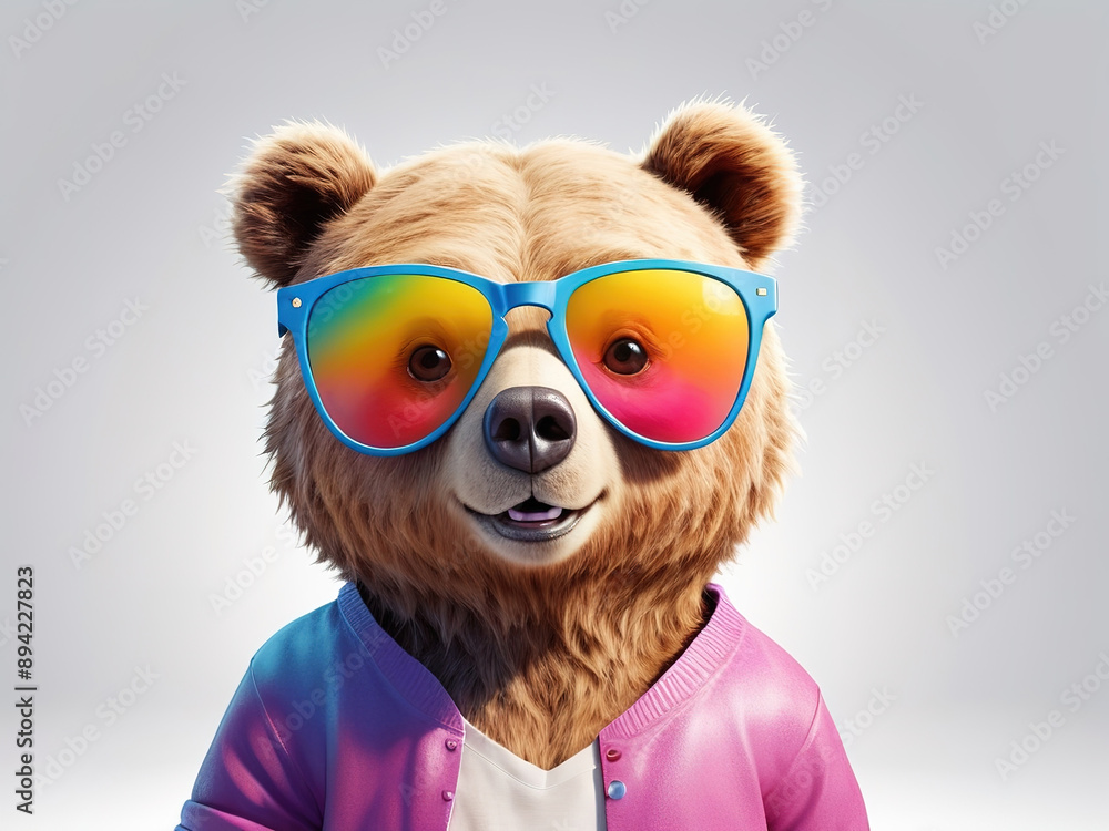Cartoon bear head with colorful sunglasses, on a white background Cartoon bear head with colorful sunglasses, on a white background